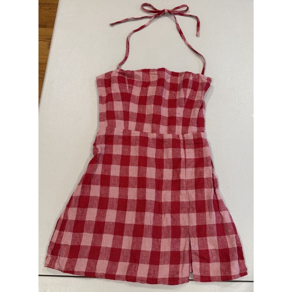 Reformation Halter Plaid Mini Dress 4 Red 100% Linen Festival Travel Vacation